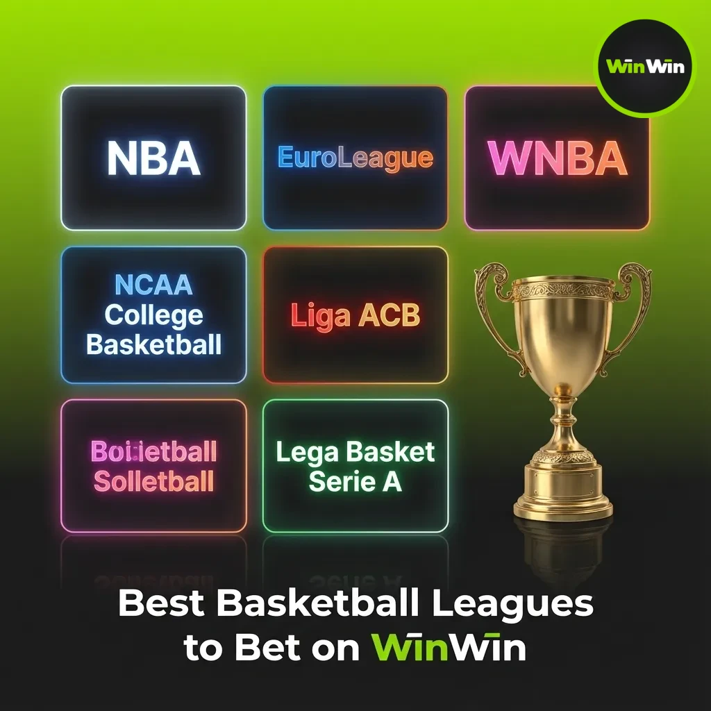 Graphic listing top basketball leagues to bet on WinWin: NBA, EuroLeague, EuroCup, NCAA, FIBA, Liga ACB, CBA.