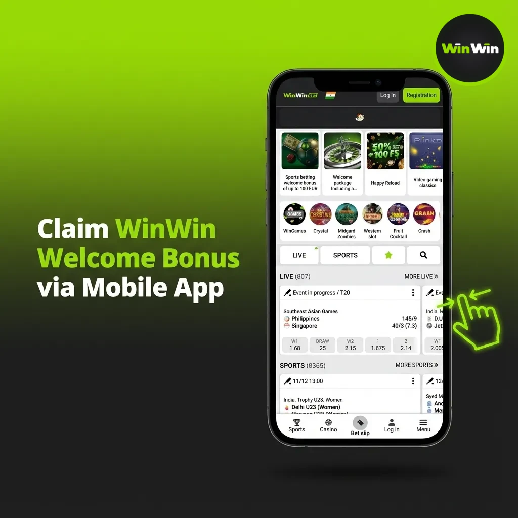 WinWin app on Android and iOS: claim welcome bonus: sign up, open Promotions, deposit ৳500+, start playing.