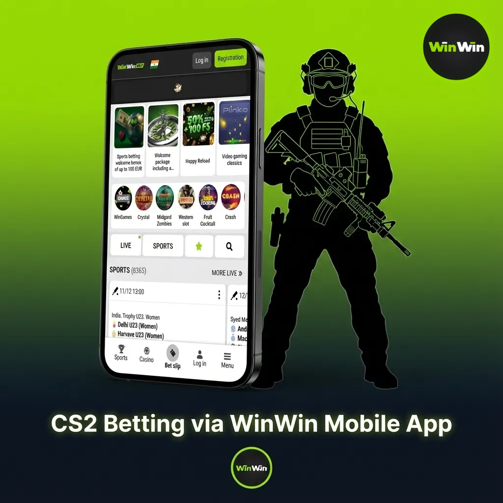 WinWin mobile app on Android and iOS showing CS2 betting with live odds, cash out, and notifications.