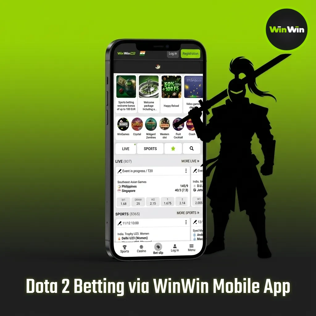 WinWin mobile app showing Dota 2 betting markets, live odds, and a bet slip on a smartphone screen.