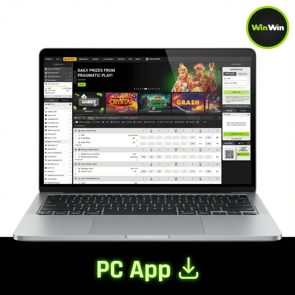 Download WinWin for Windows and macOS: desktop casino hub with live casino, roulette, slots, and table games.
