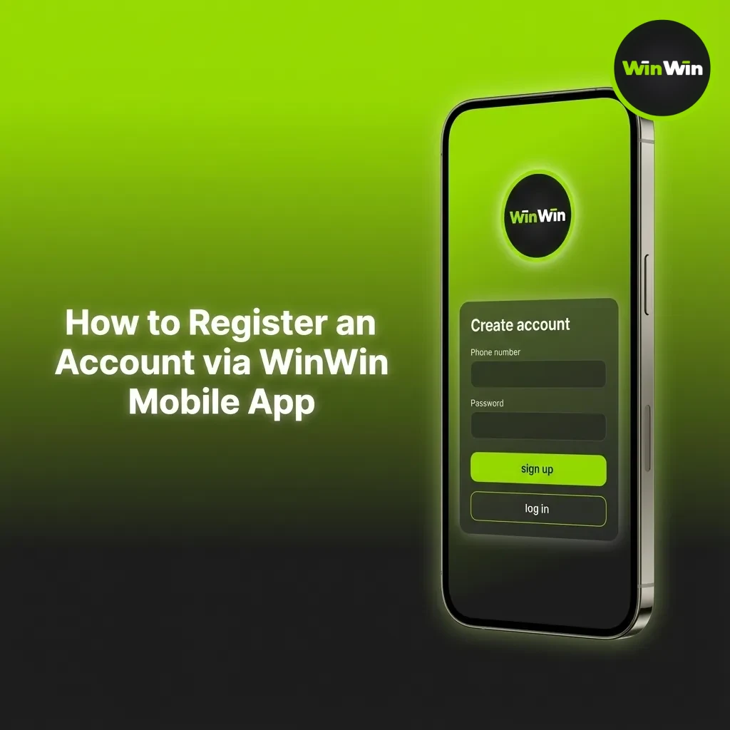 WinWin app registration: open app, choose phone/email, set password, select BDT, enter promo, verify, sign in.