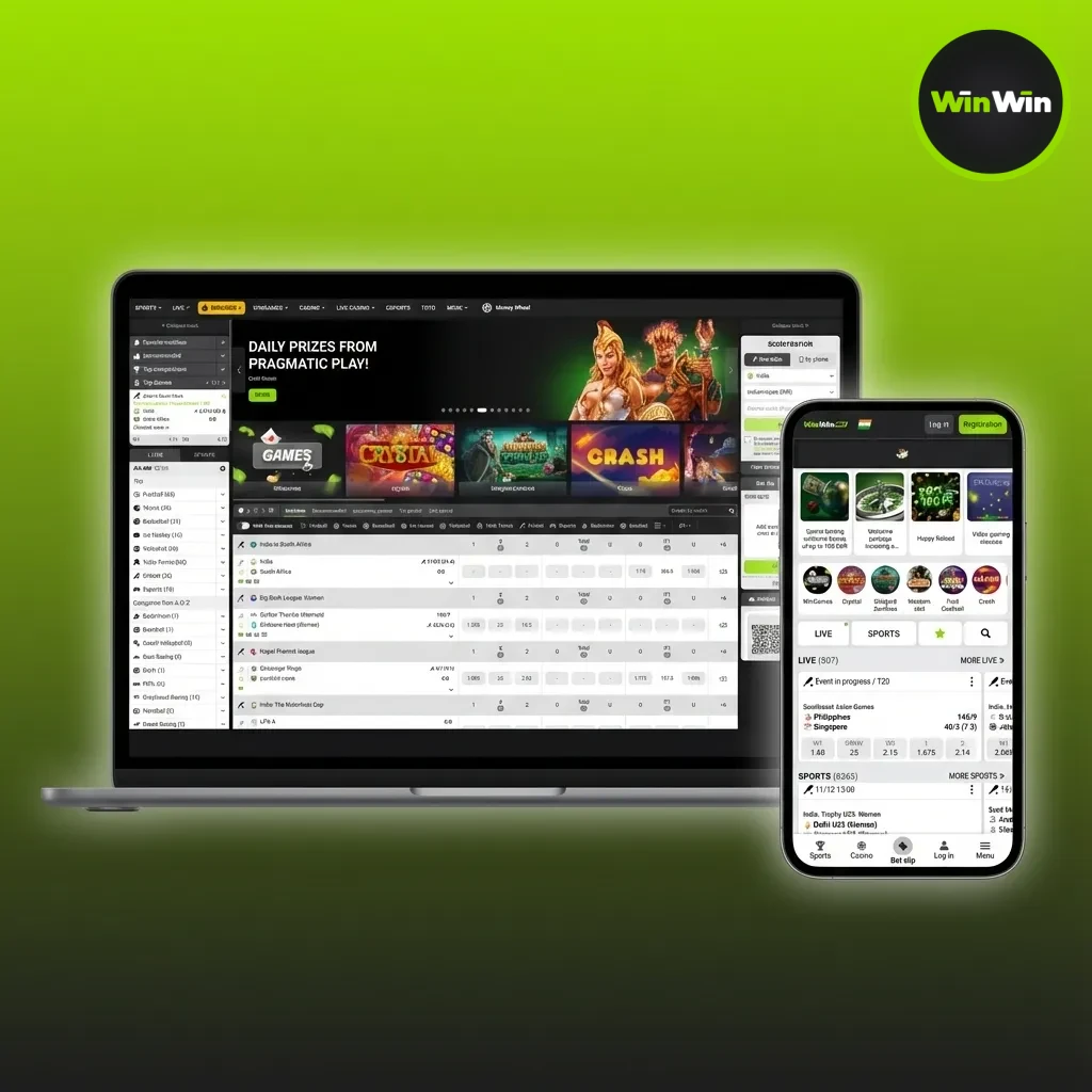 WinWin website interface with top nav for Sports, Live, Casino, eSports; Bangla toggle, odds, bet slip, account settings.