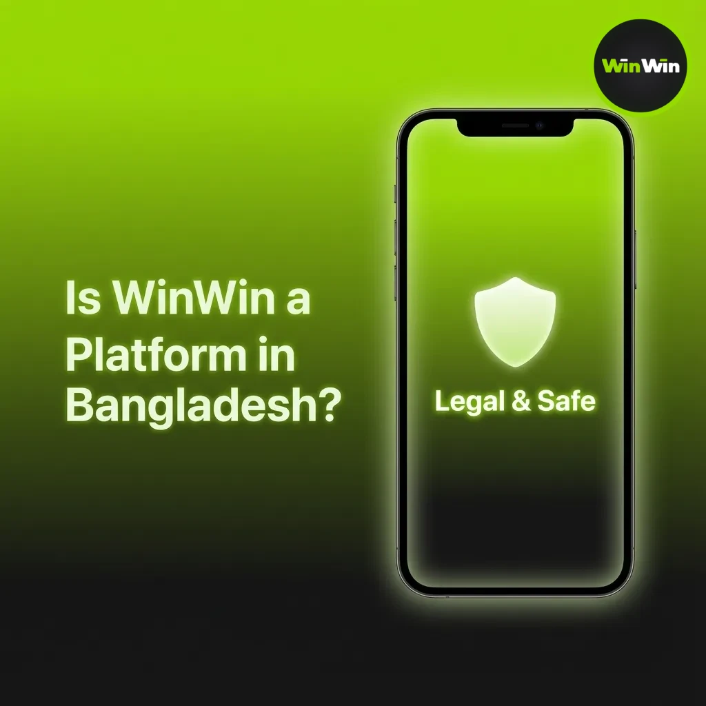 Bangladesh flag and justice scales beside WinWin app, highlighting Curaçao license and responsible gaming features.