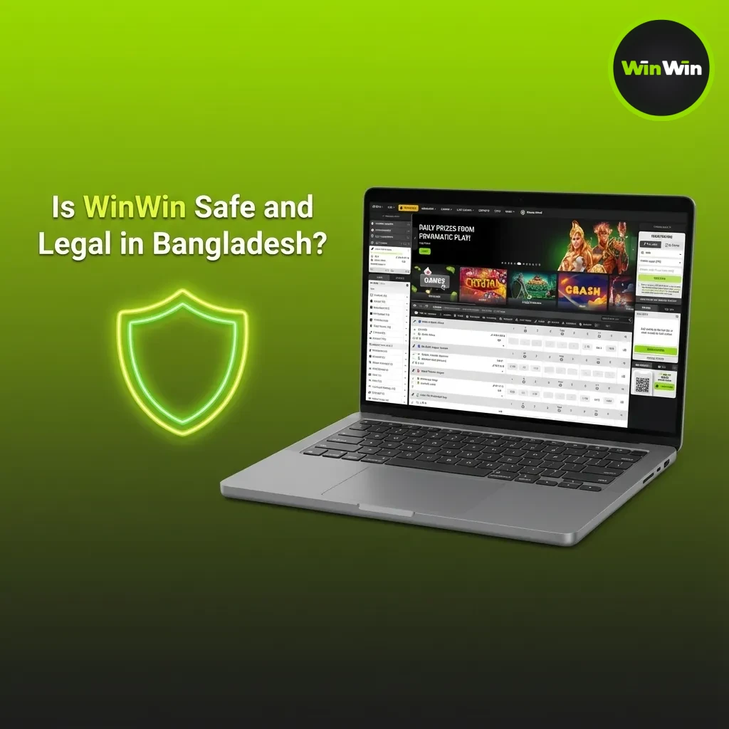 Graphic asks if WinWin is safe/legal in Bangladesh; notes license, privacy policy, responsible gaming; footer docs, if legal.