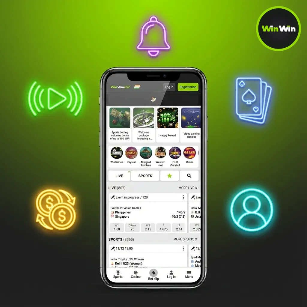 WinWin app features: BDT accounts, bKash/Nagad payments, 200% bonus, live bets, biometrics, fast load, 24/7 support, cricket