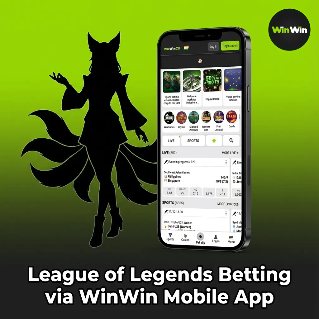 Phone displaying WinWin app for League of Legends betting, with live odds, alerts, and match list for Worlds, LCK, LPL, LEC.