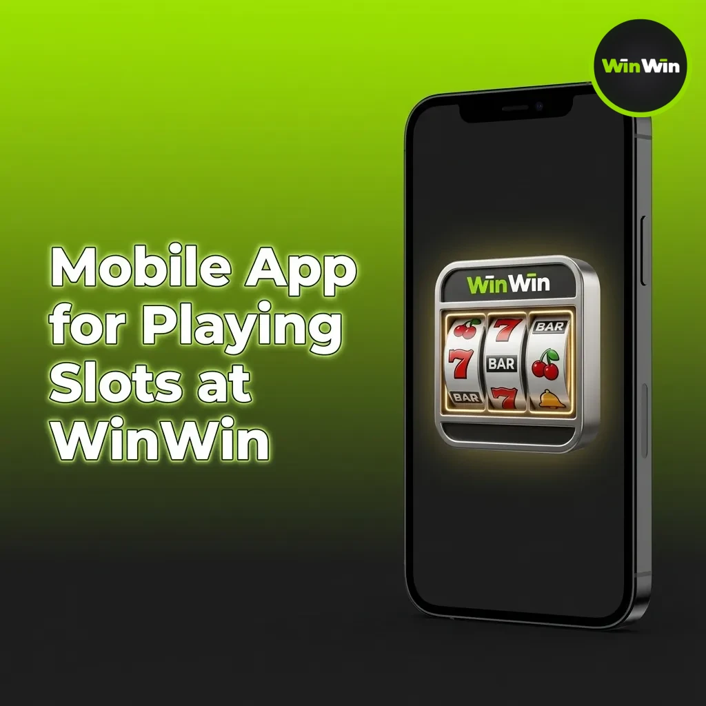 WinWin mobile slots app on smartphone, clean UI with casino lobby, search filters, spin, auto-spin, and balance bar.