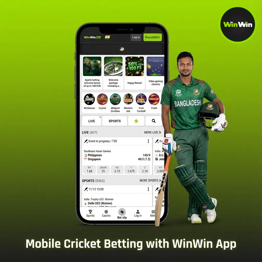 Cricket match odds and live score displayed on WinWin app across Android and iOS phones.
