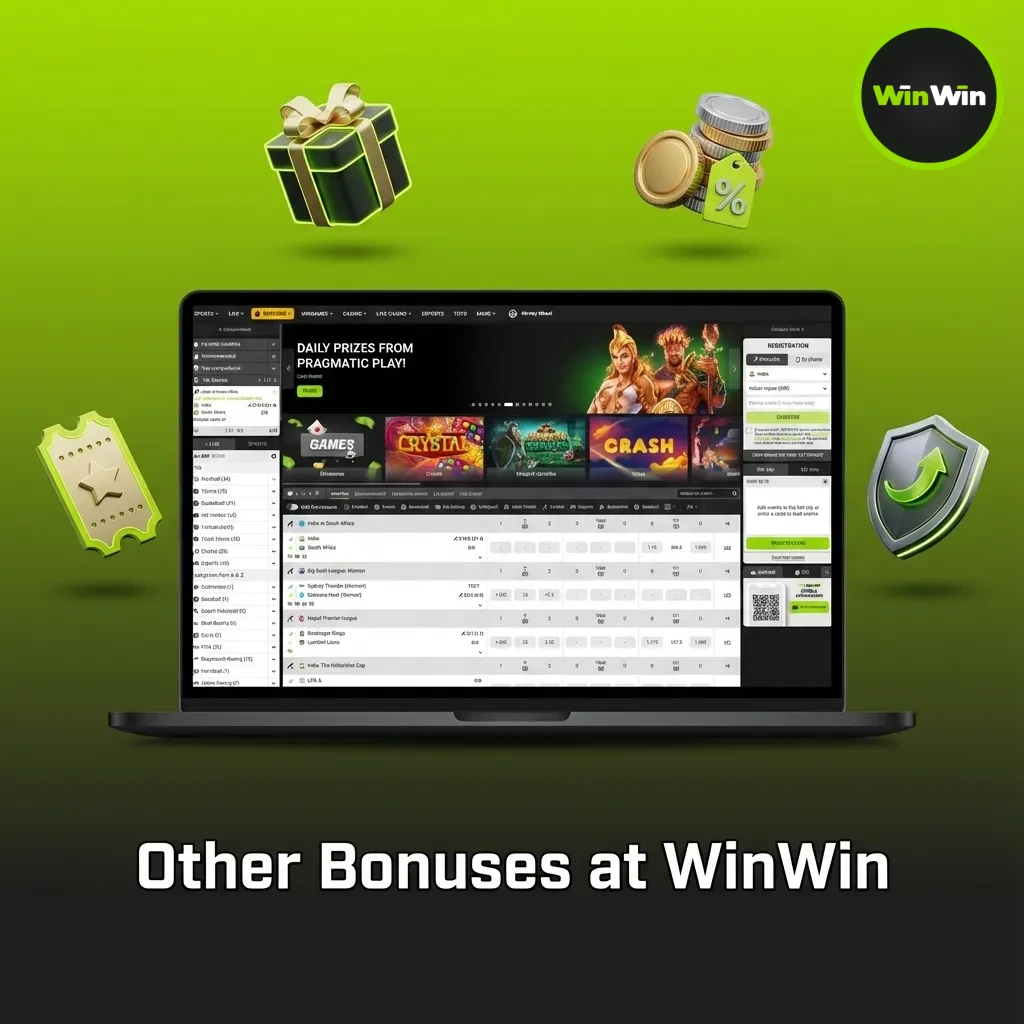 WinWin other bonuses: Reload bonus, free spins, weekly cashback, first bet offer, loyalty rewards.