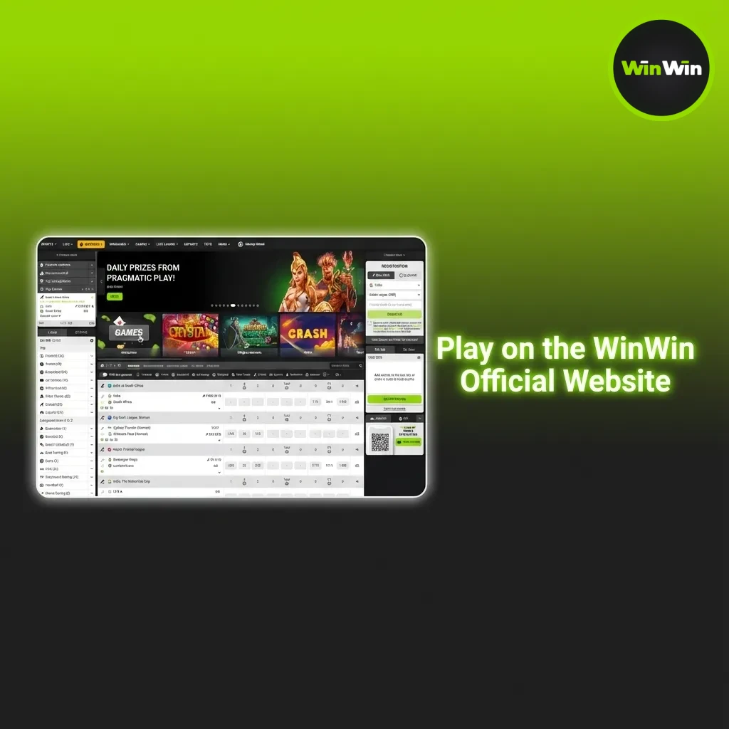 WinWin website on desktop and mobile with betting, live dealer tables, slots; synced login and balance, no install needed.
