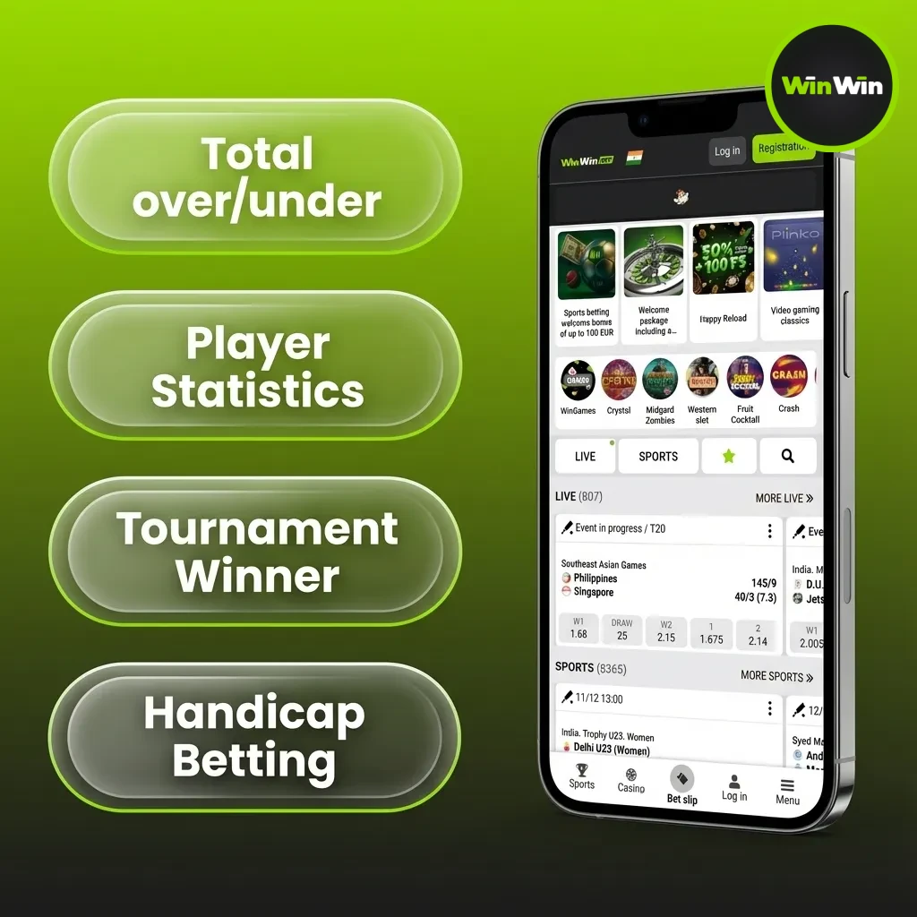 WinWin app list of bet types with summaries: Single, Accumulator, System, Handicap, Over/Under, Live bet.