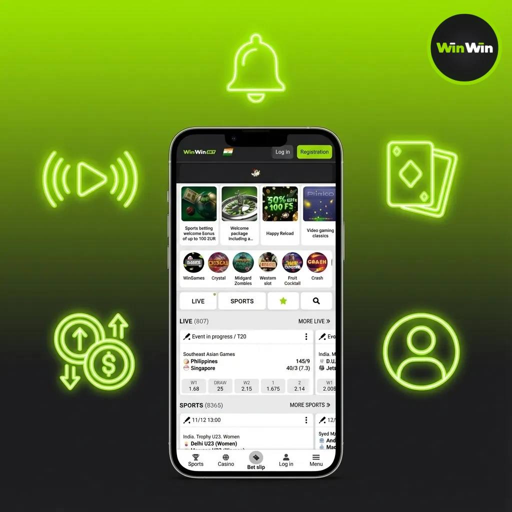 WinWin app UI in Bangladesh showing live cricket odds, casino games, and BDT payments via bKash, Nagad, Rocket, cards.