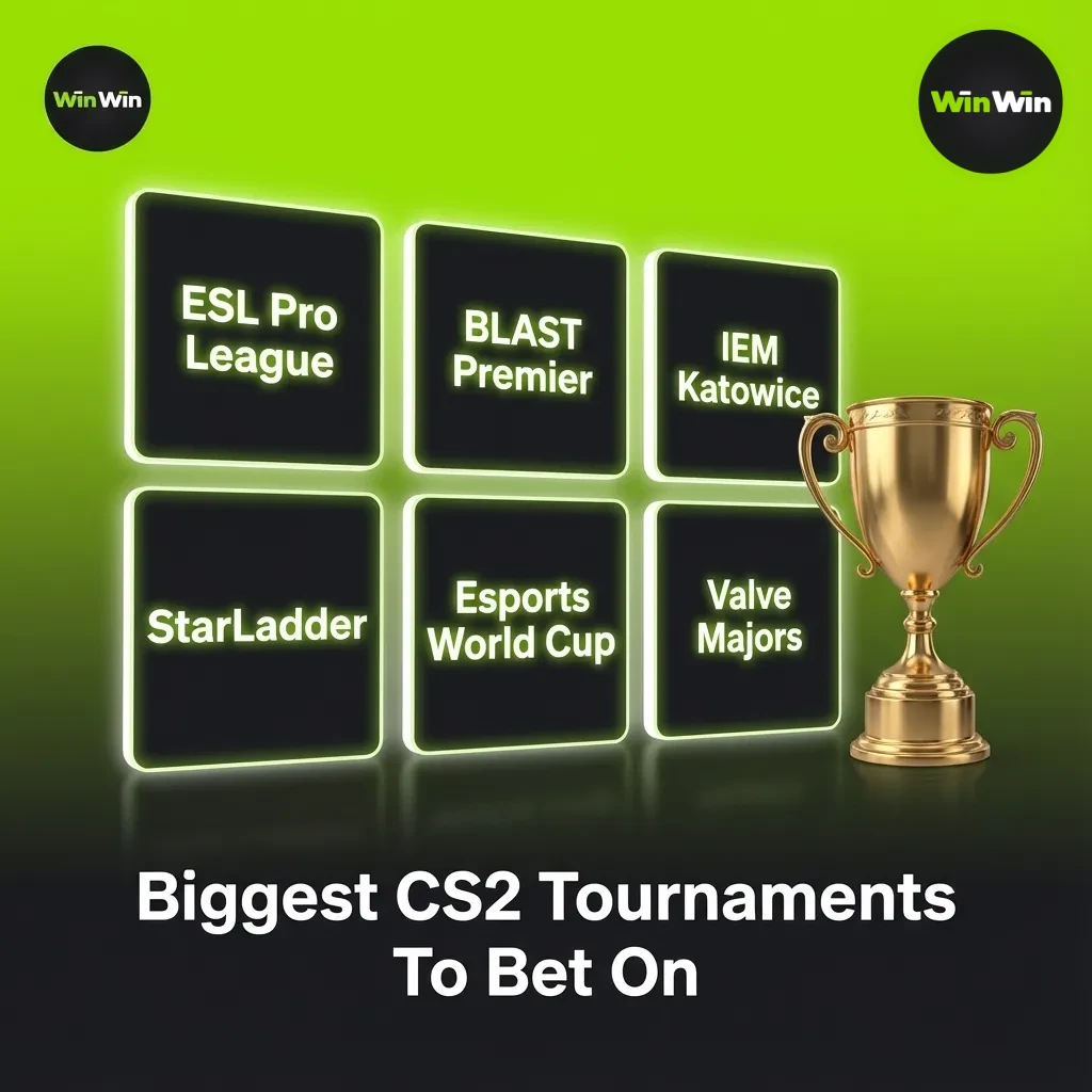 Graphic listing top CS2 tournaments for betting: Valve Majors, ESL Pro League, BLAST, IEM Katowice, Cologne, EWC, StarLadder.