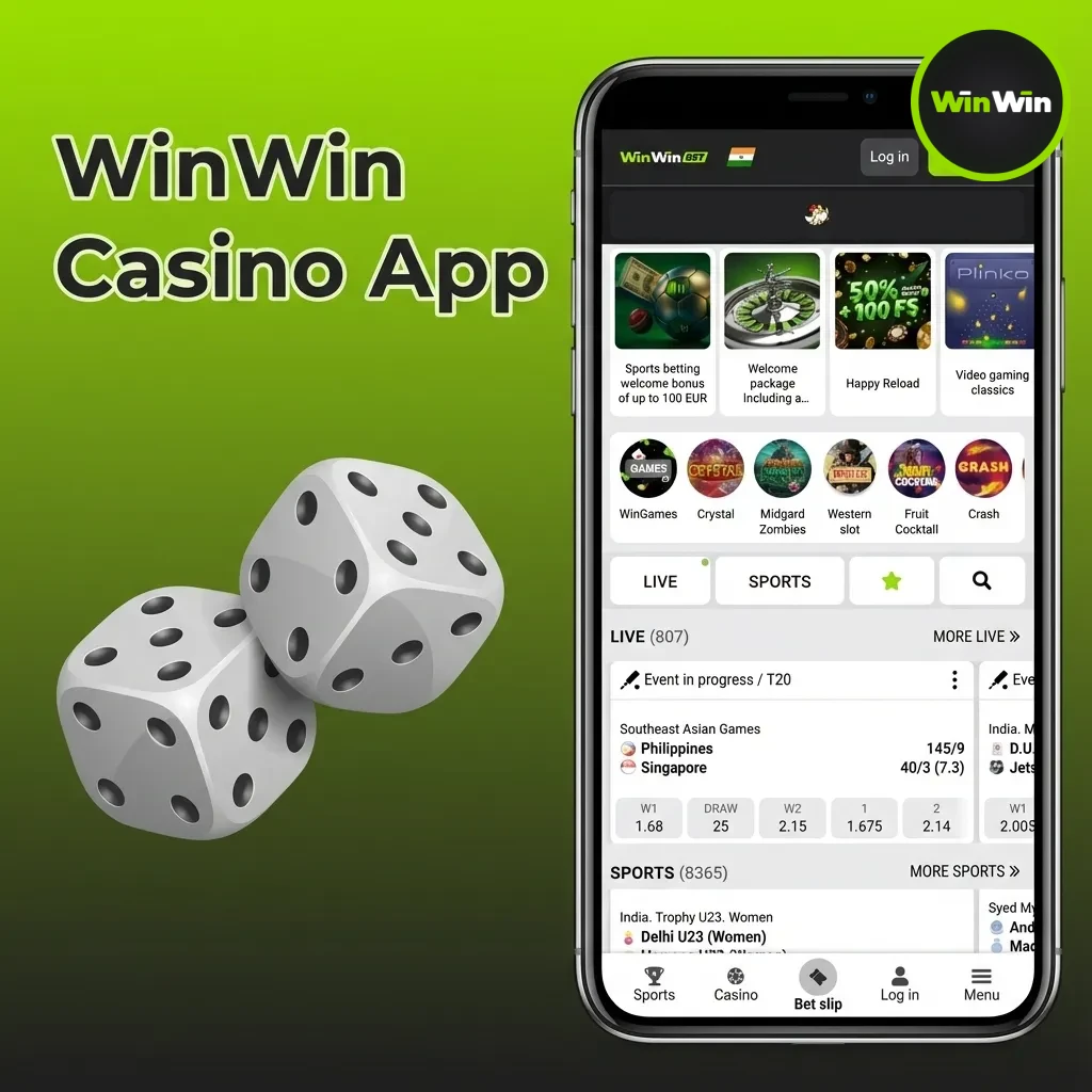 WinWin Casino App screen with casino and sports tabs, slots, HD live dealer tables, promos & tournaments.
