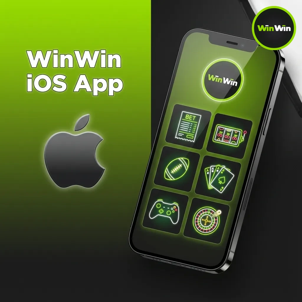 WinWin iOS app on iPhone and iPad showing live betting, casino, payments, and cashout; requires iOS 12+, ~150MB.