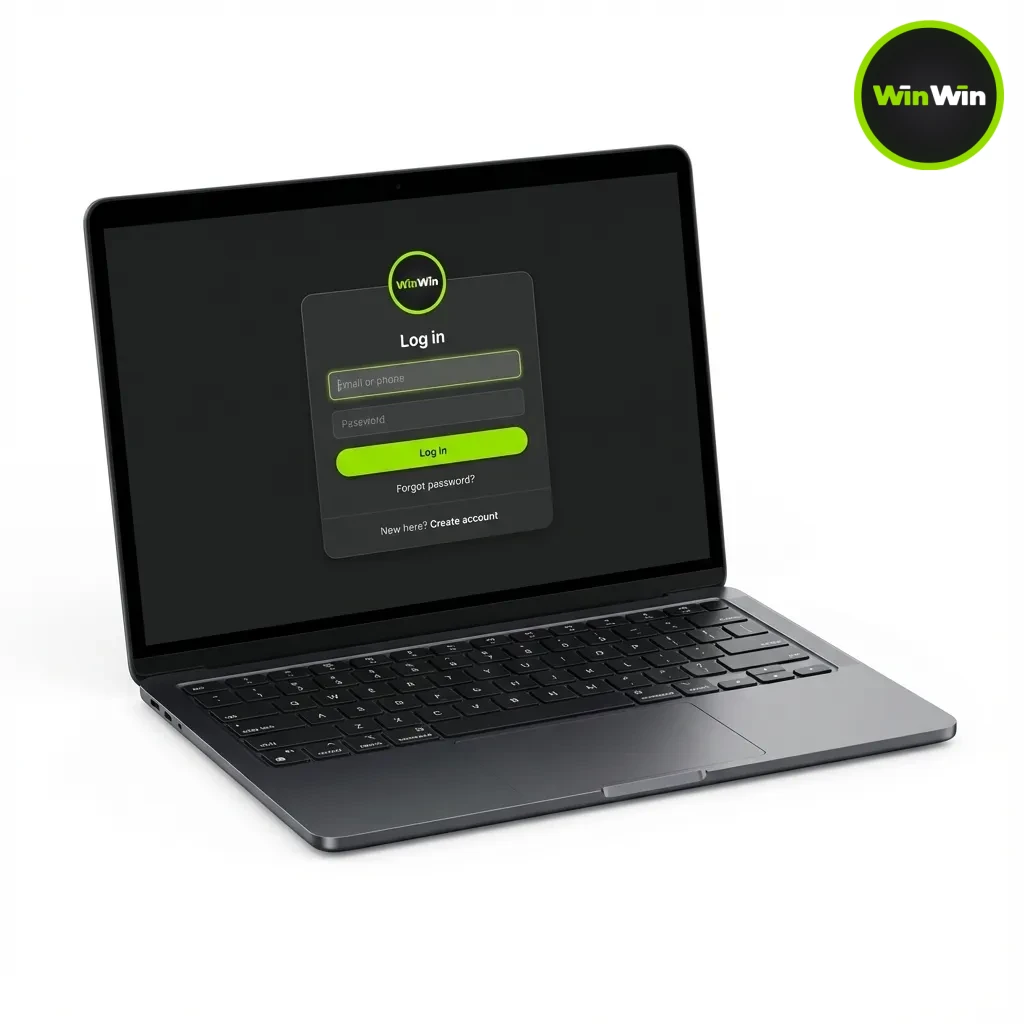 WinWin Bangladesh login screen with email/phone and password fields, sign-in button, and 2FA option.