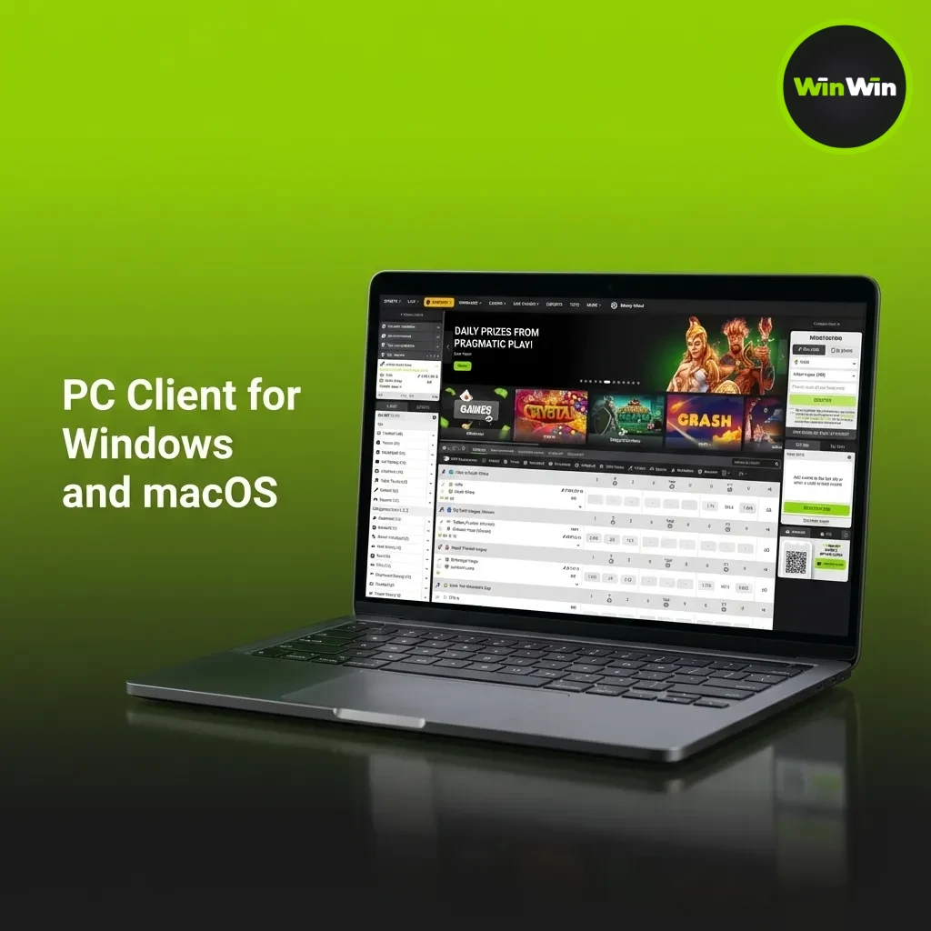 WinWin website on Windows and macOS—no separate PC client; place bets, play casino, full market depth, live streams.