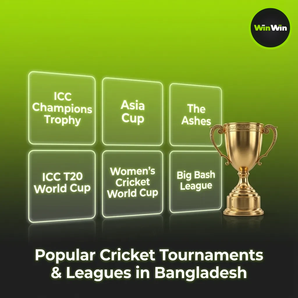 Infographic of cricket tournaments and leagues in Bangladesh: ICC World Cup, T20 WC, Ashes, Asia Cup, BPL, IPL, PSL, BBL.