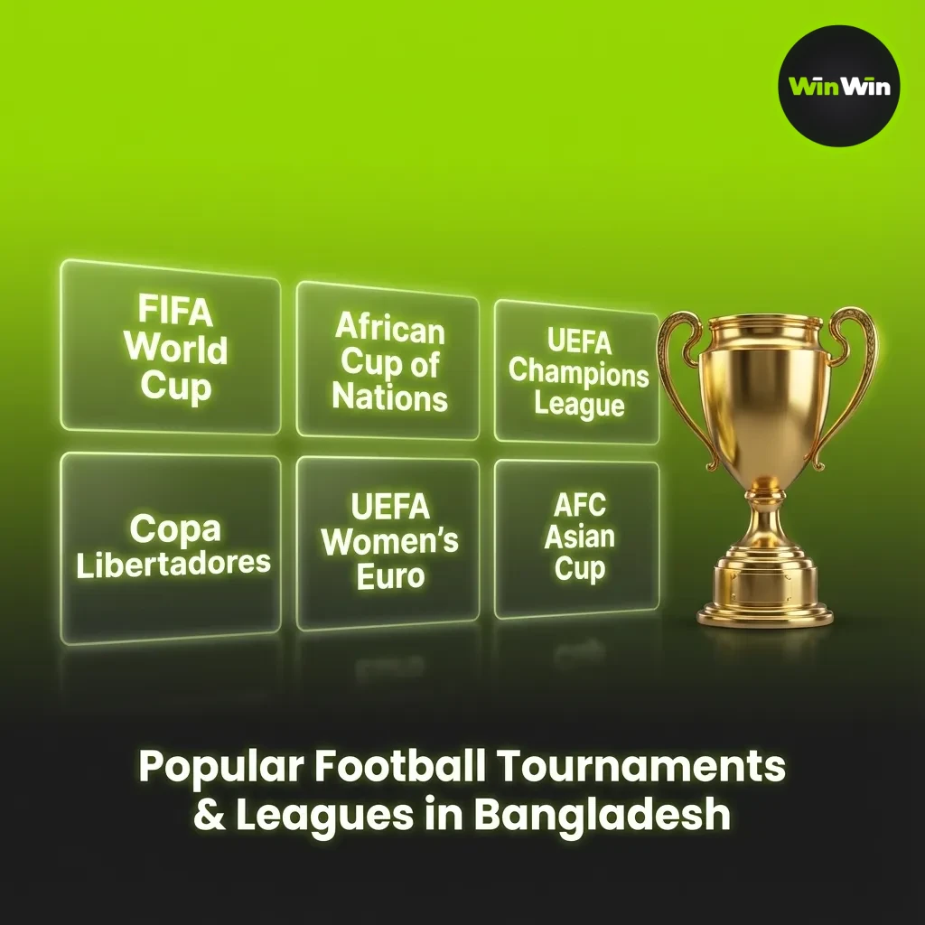 Collage of global and Bangladeshi football leagues and cups with betting markets on WinWin: World Cup, AFC, UEFA, BPL, SAFF.
