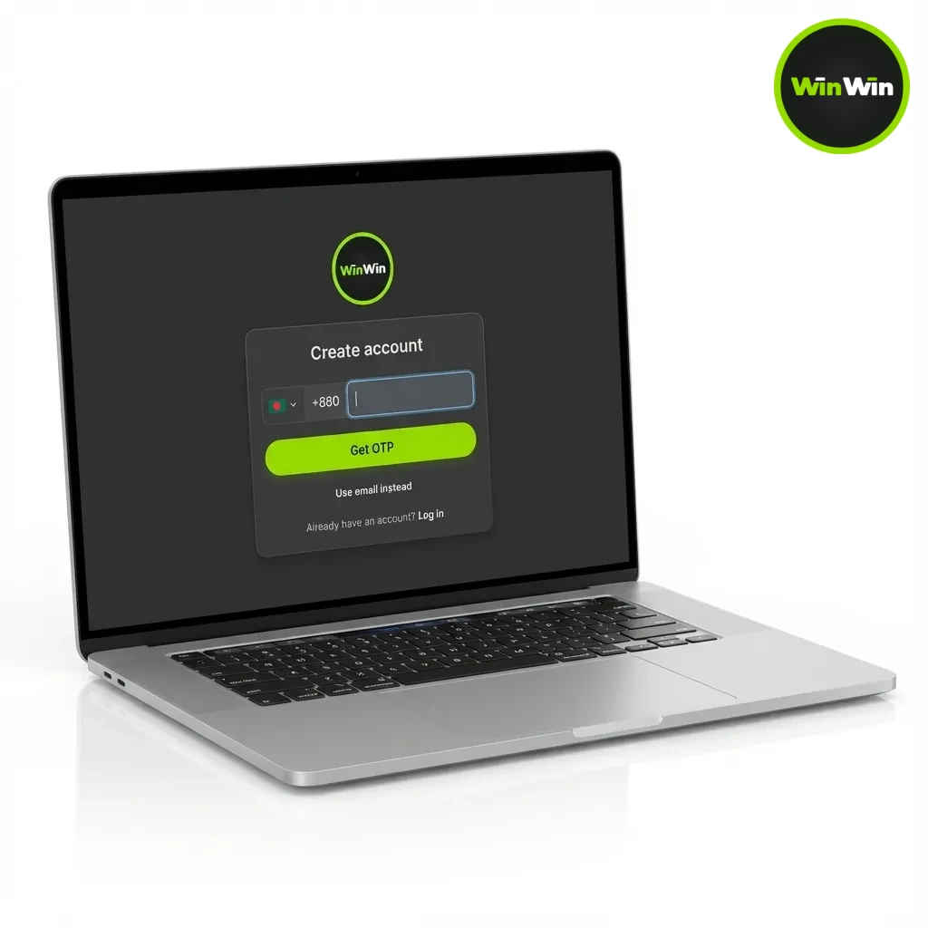 WinWin Bangladesh registration page showing signup steps, casino and sports access, and a 200% bonus + 150 free spins offer.