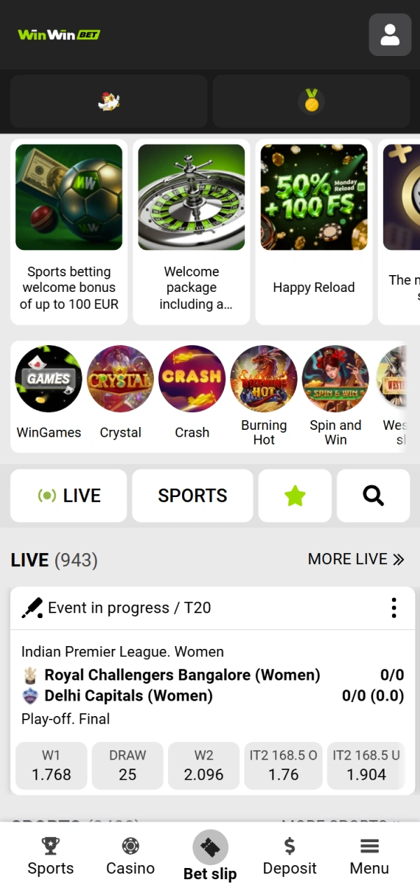 Start playing and betting through the WinWin App home screen interface.