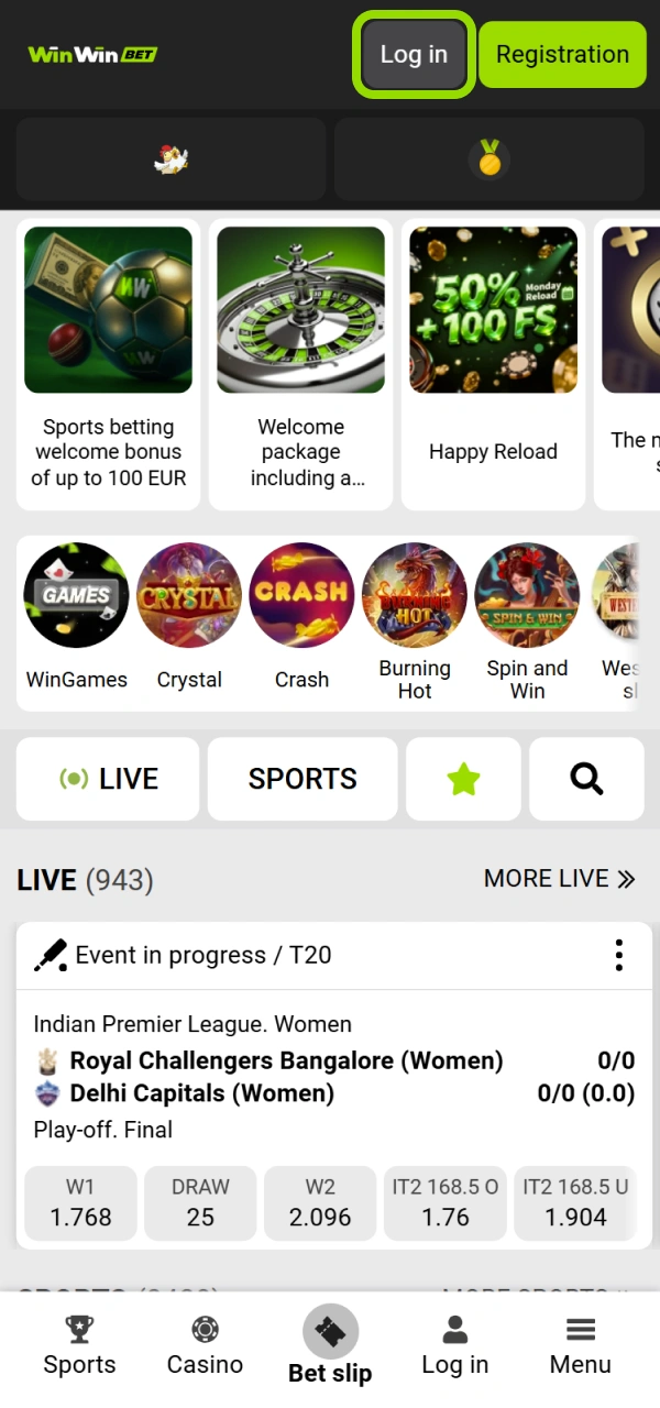 Launch the WinWin App and select the login button to continue.