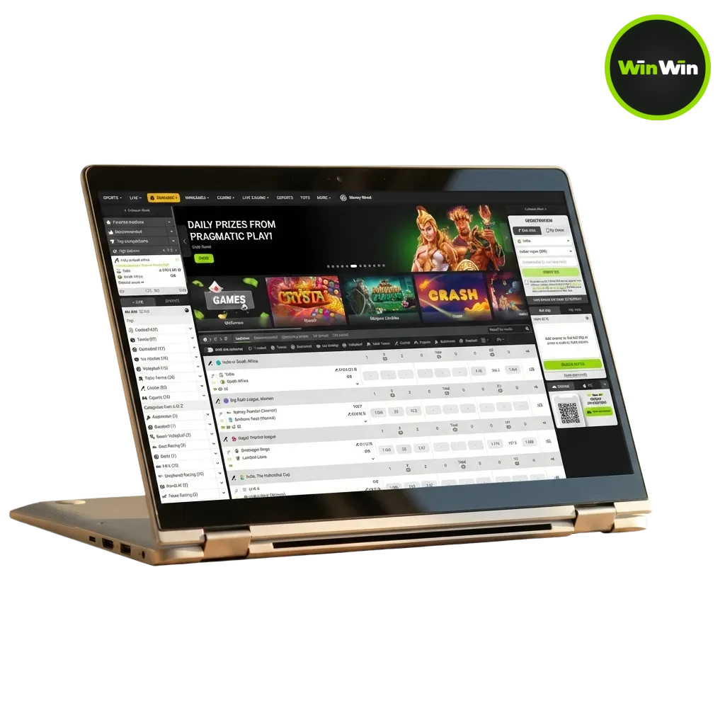 WinWin Bangladesh homepage showing sports betting and online casino options with mobile app download buttons