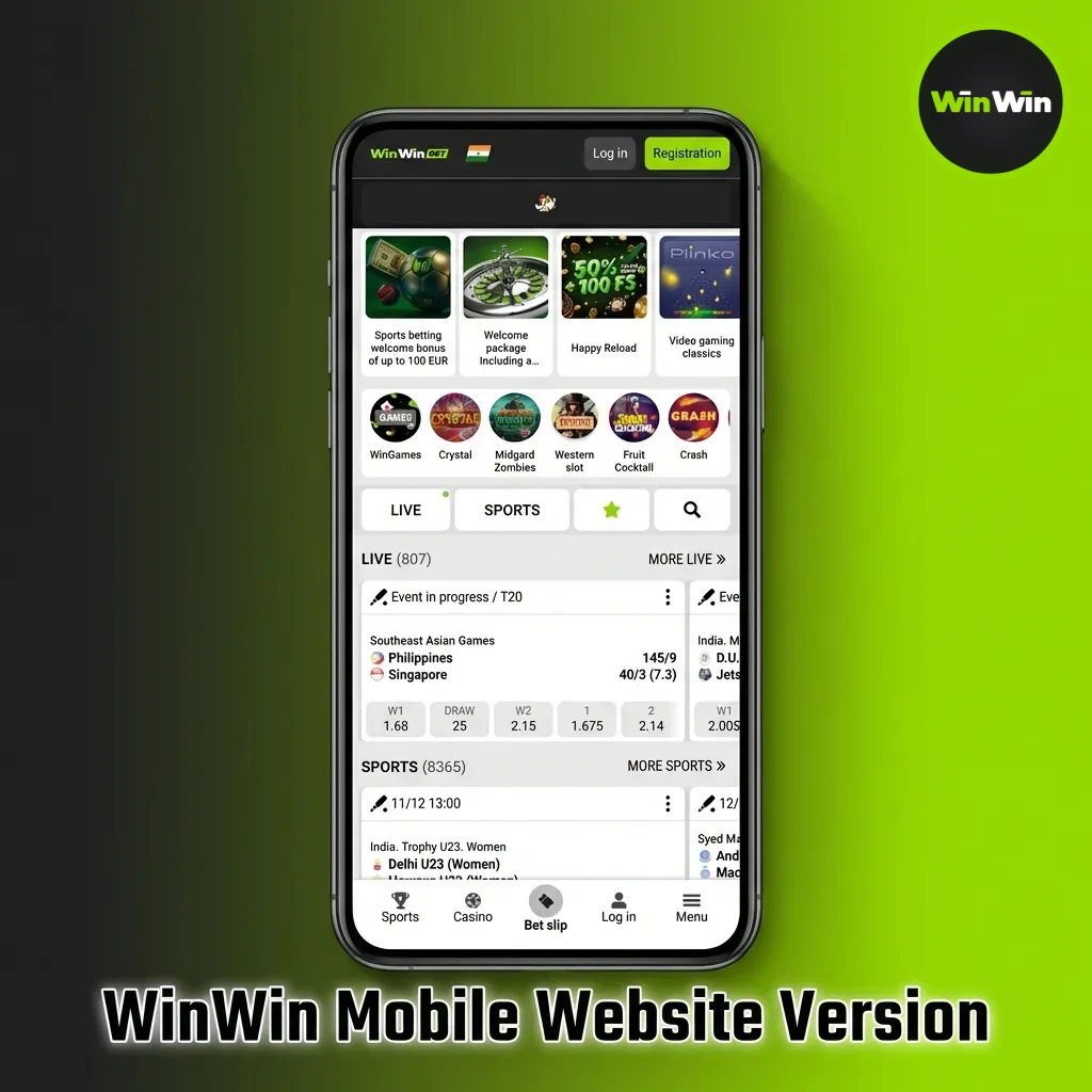 WinWin mobile website interface showing betting and casino features accessible on smartphones and tablets via browser