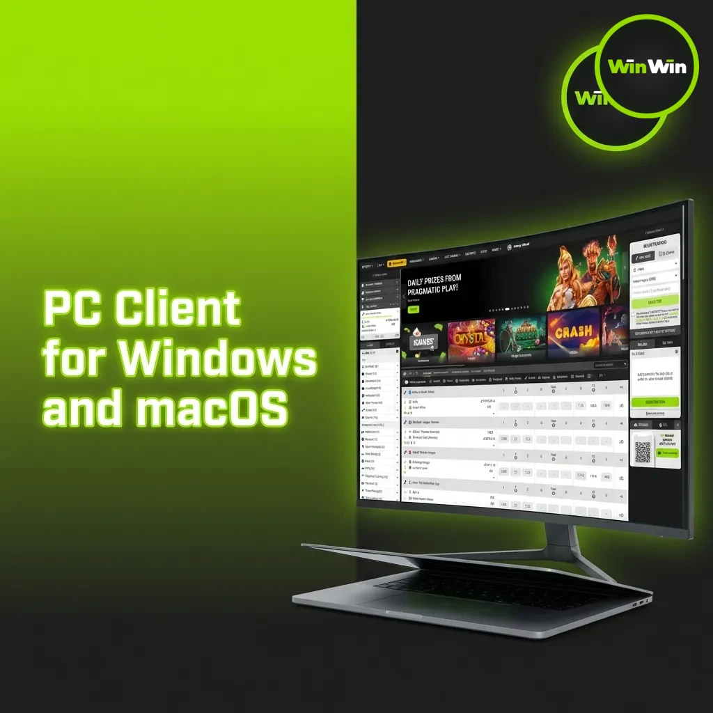 WinWin betting website displayed on Windows and macOS computer screens showing browser-based casino interface