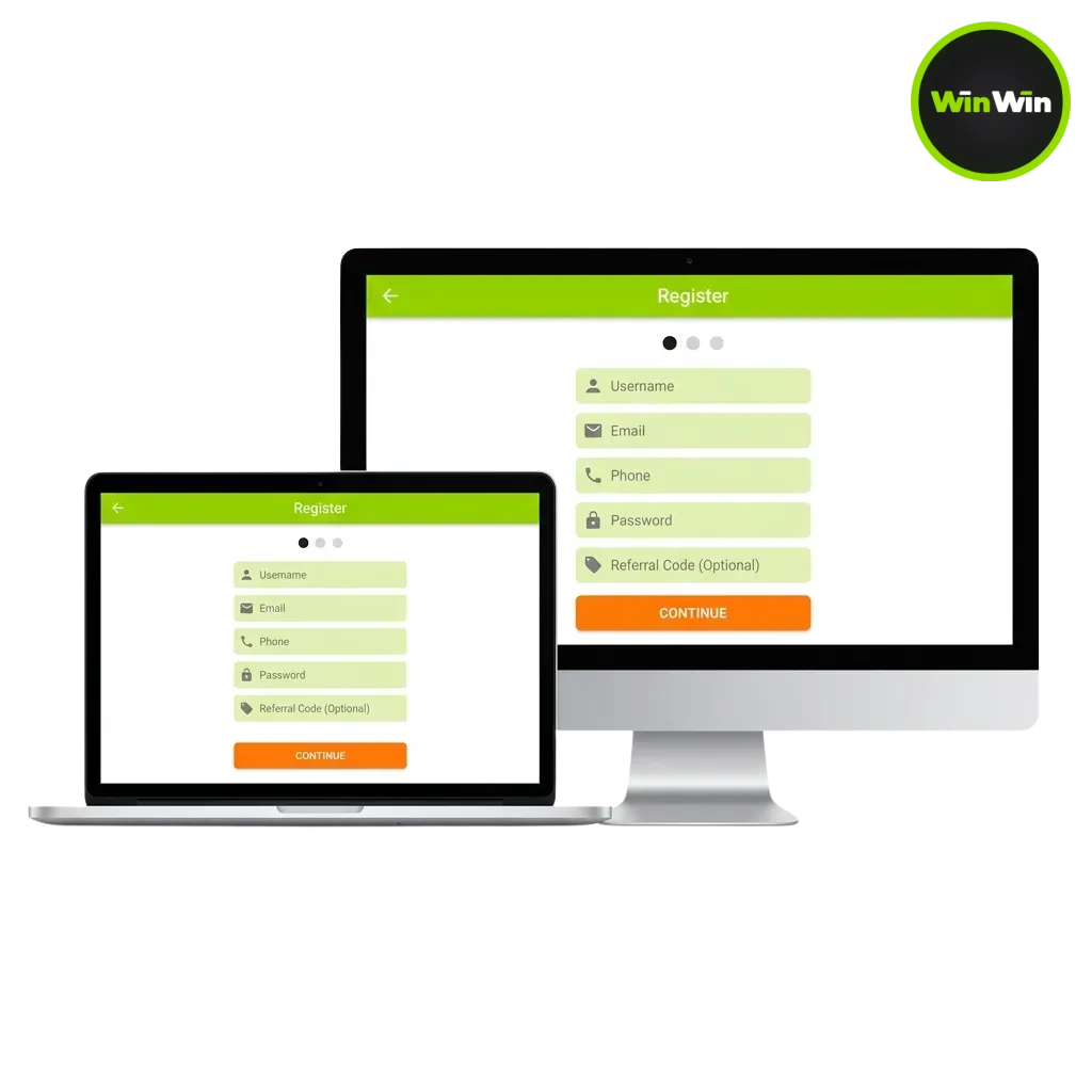 WinWin registration interface showing login fields and verification steps for Bangladesh sports betting and casino access