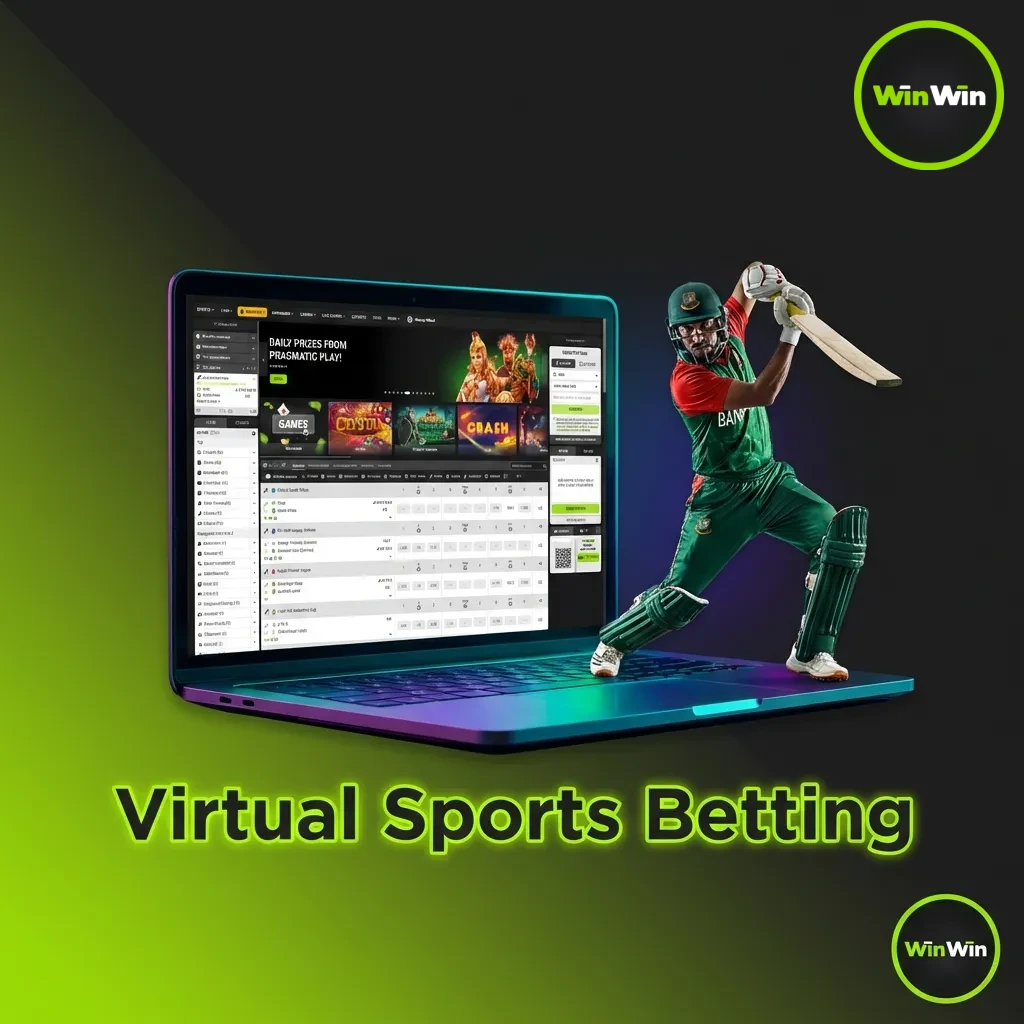 Virtual sports betting interface showing simulated football, horse racing, greyhounds, and motorsports with 24/7 availability