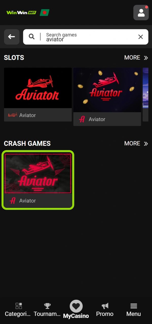 Launch the WinWin Aviator game interface from the casino lobby.