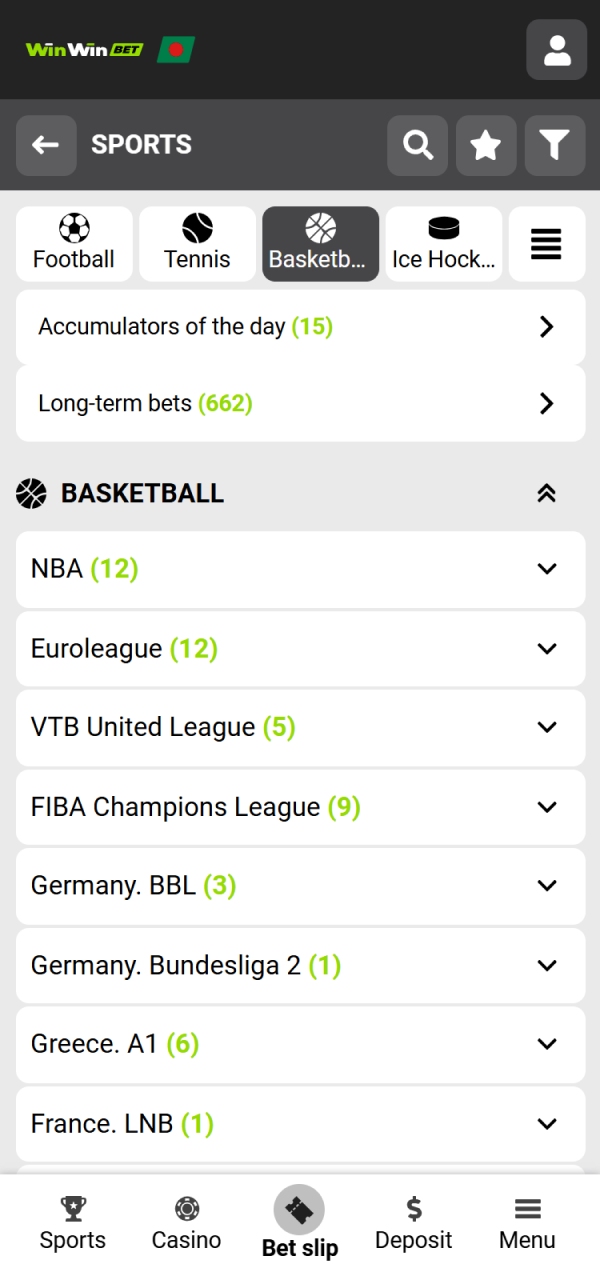 Navigate to the WinWin Basketball section in the sports menu.