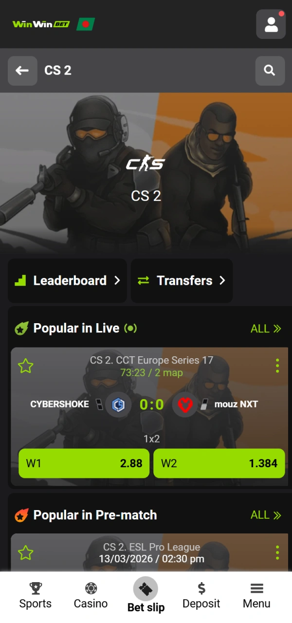 Navigate to the WinWin CS2 section and pick a live event.