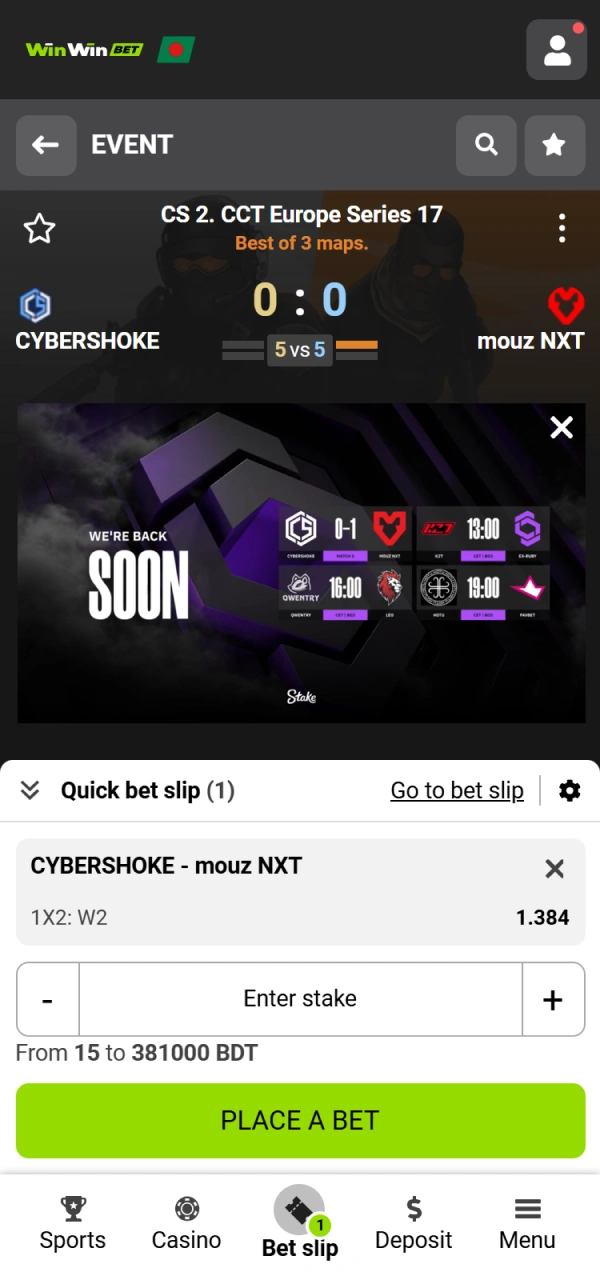 Select your WinWin CS2 market and finalize the betting slip.