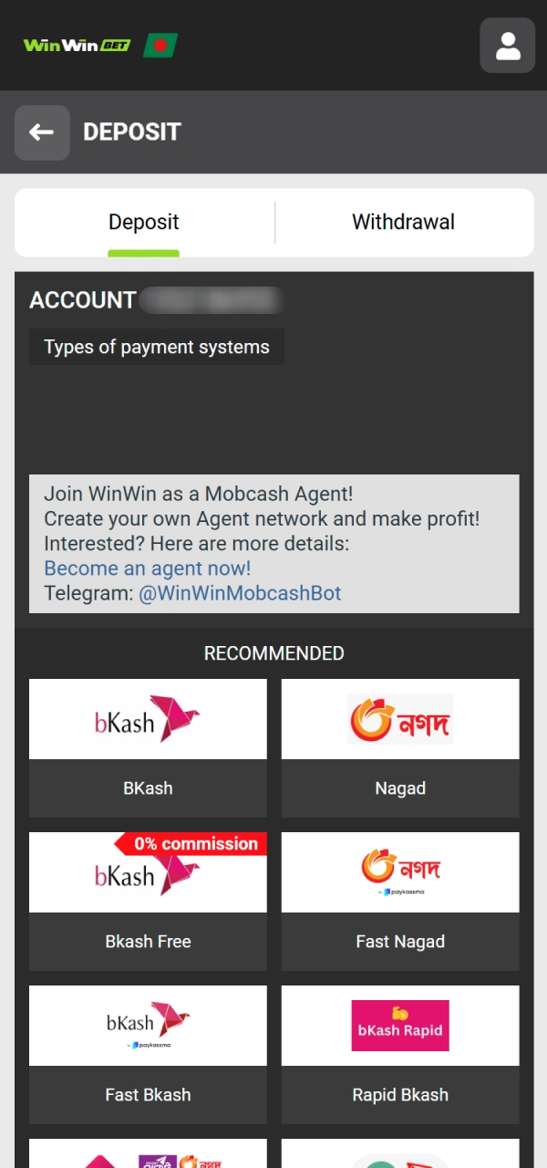 Choose your preferred payment system for a successful WinWin Deposit.