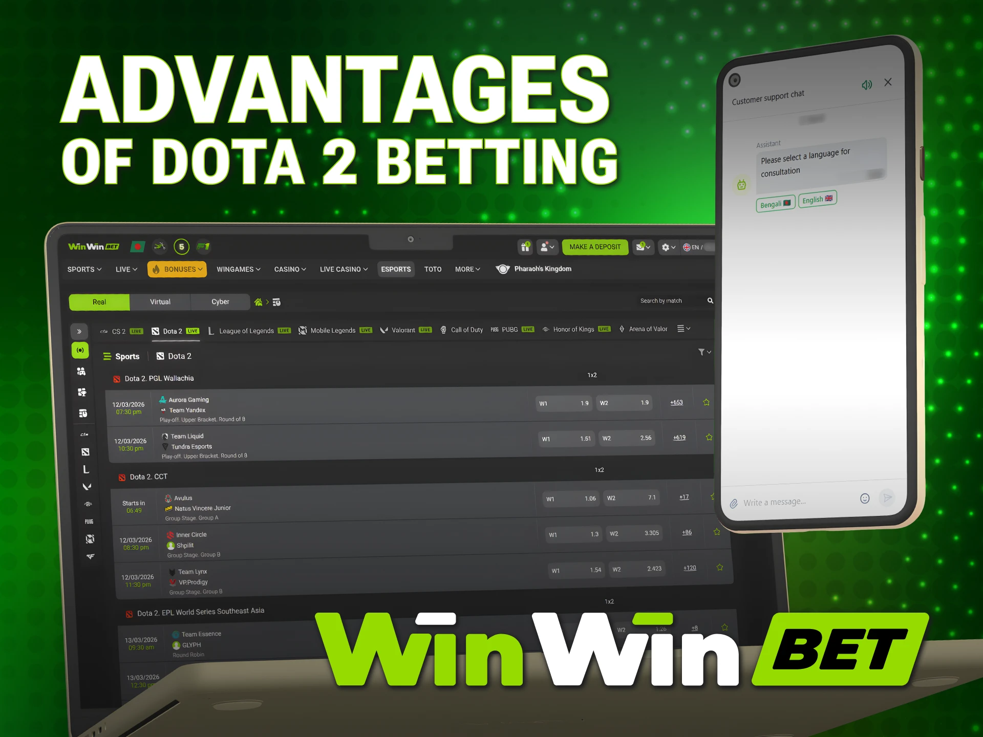 Benefit from high odds and live streams for WinWin Dota 2.