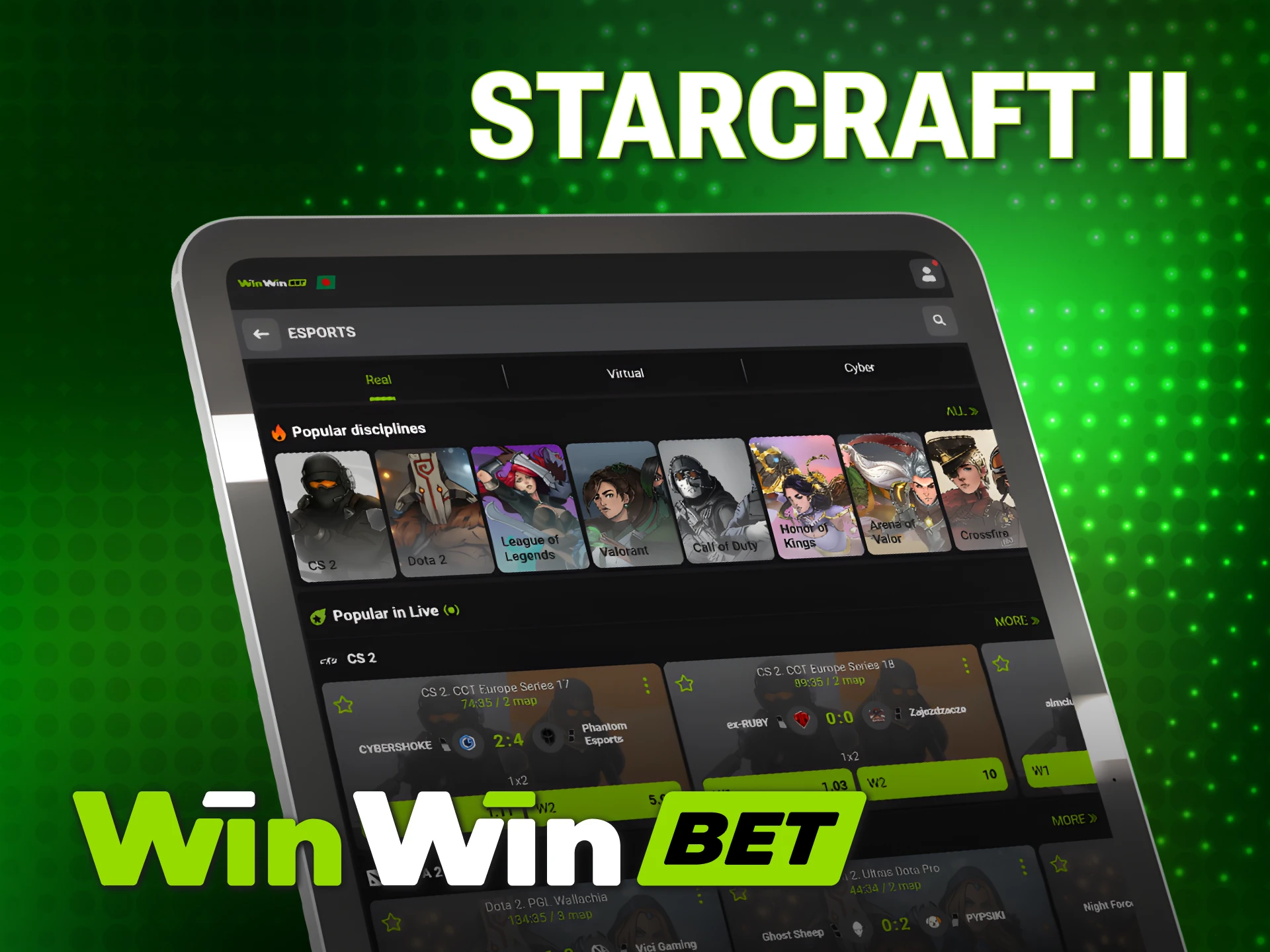 Predict outcomes for Starcraft II events on WinWin Esports mobile site.