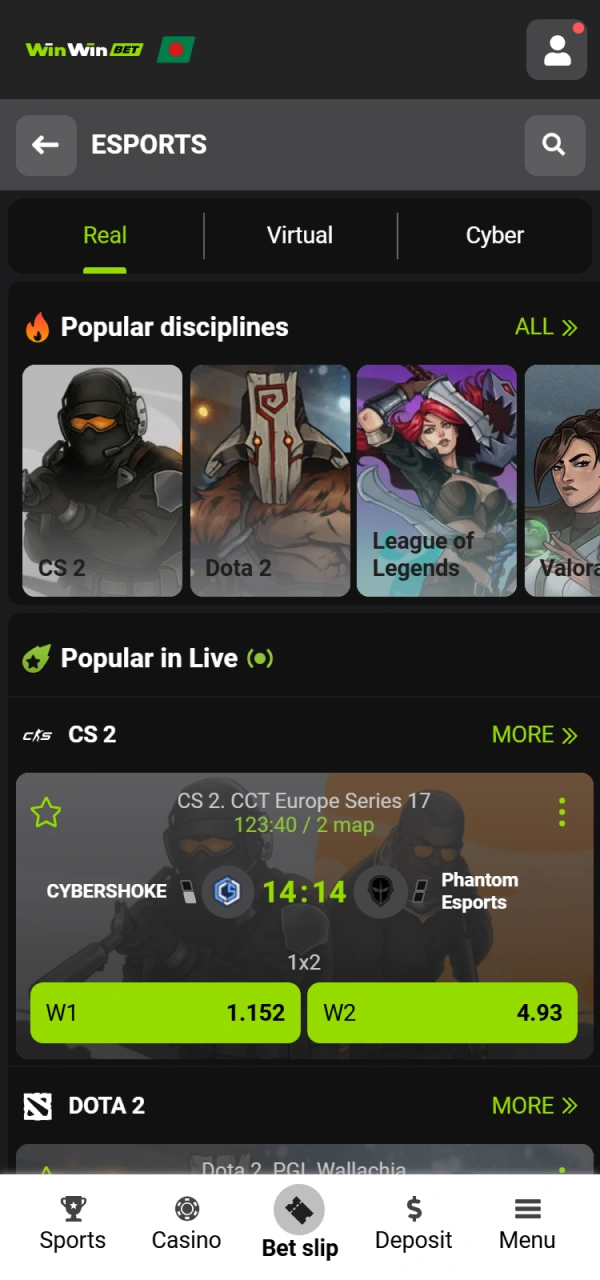 Select your favorite gaming match from the WinWin Esports menu.