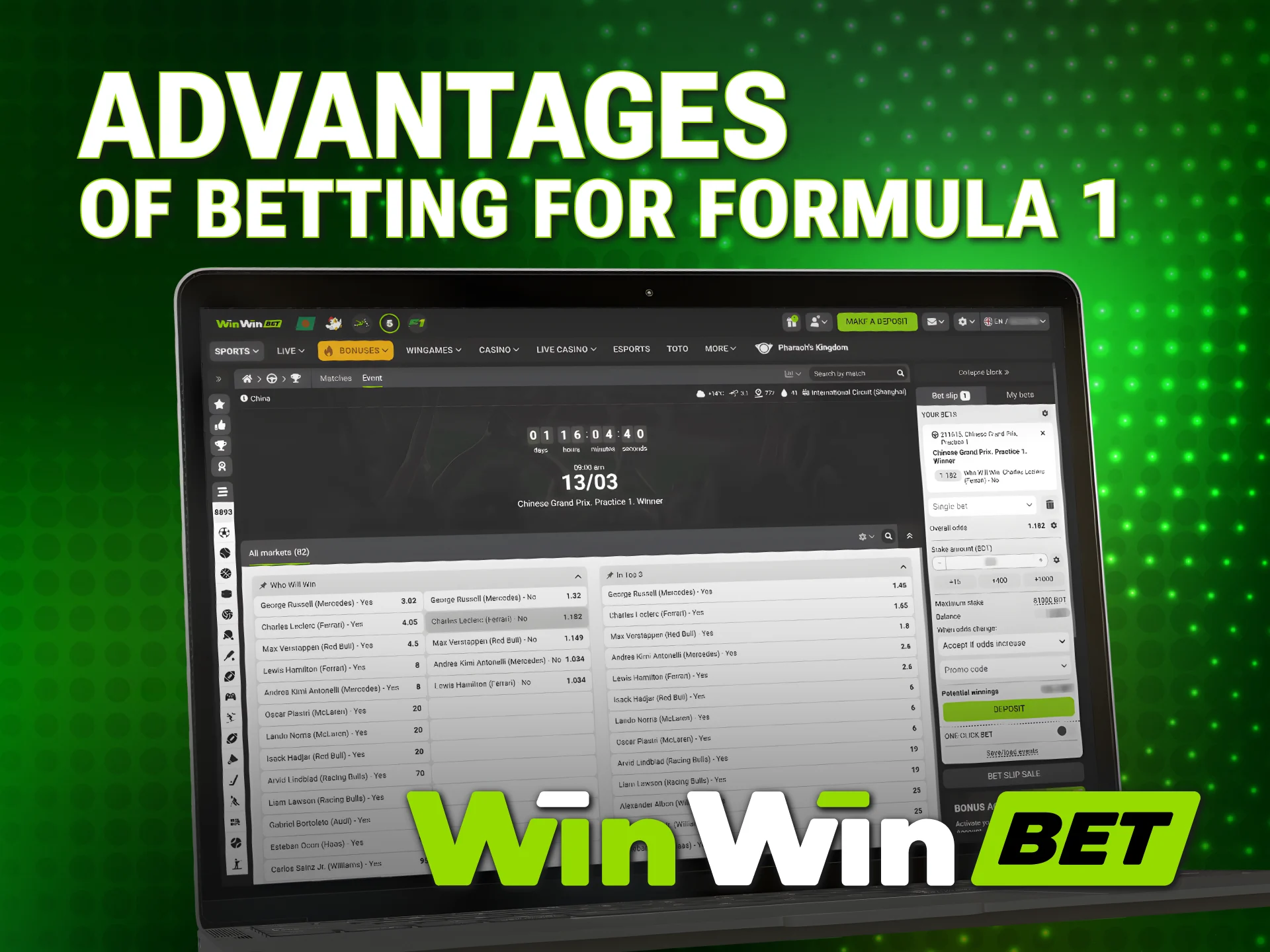 Enjoy high odds and live markets for WinWin Formula 1 betting.