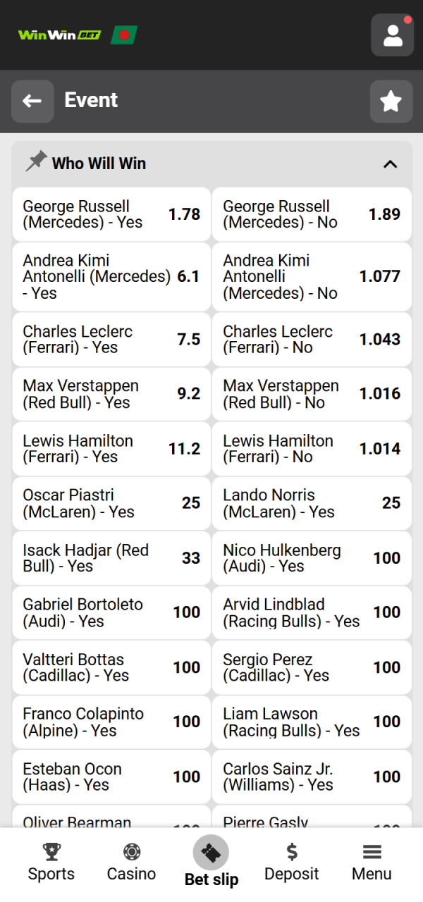 Navigate to the WinWin F1 section and select a Grand Prix.