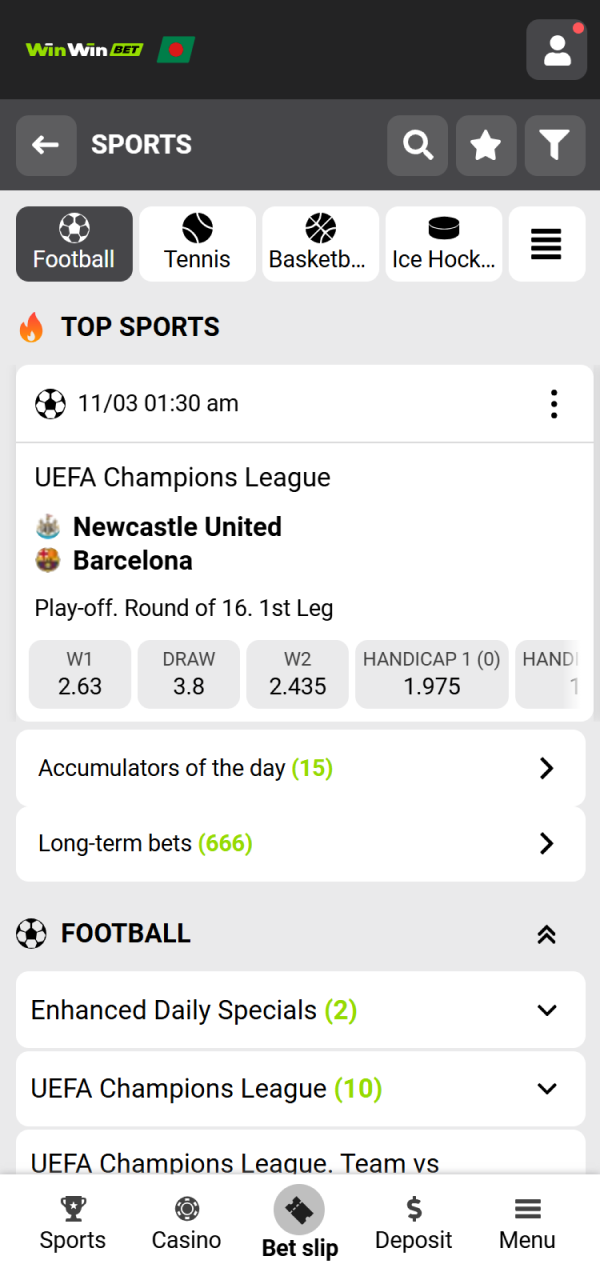 Locate the WinWin Football category within the official sports lobby.