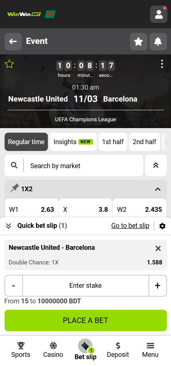 Enter your stake and finalize your WinWin Football wager now.