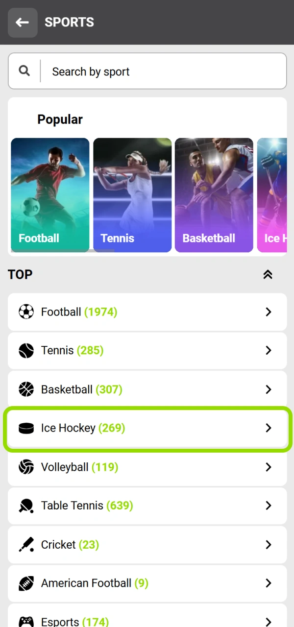 Find the WinWin Hockey section in the main sports navigation bar.