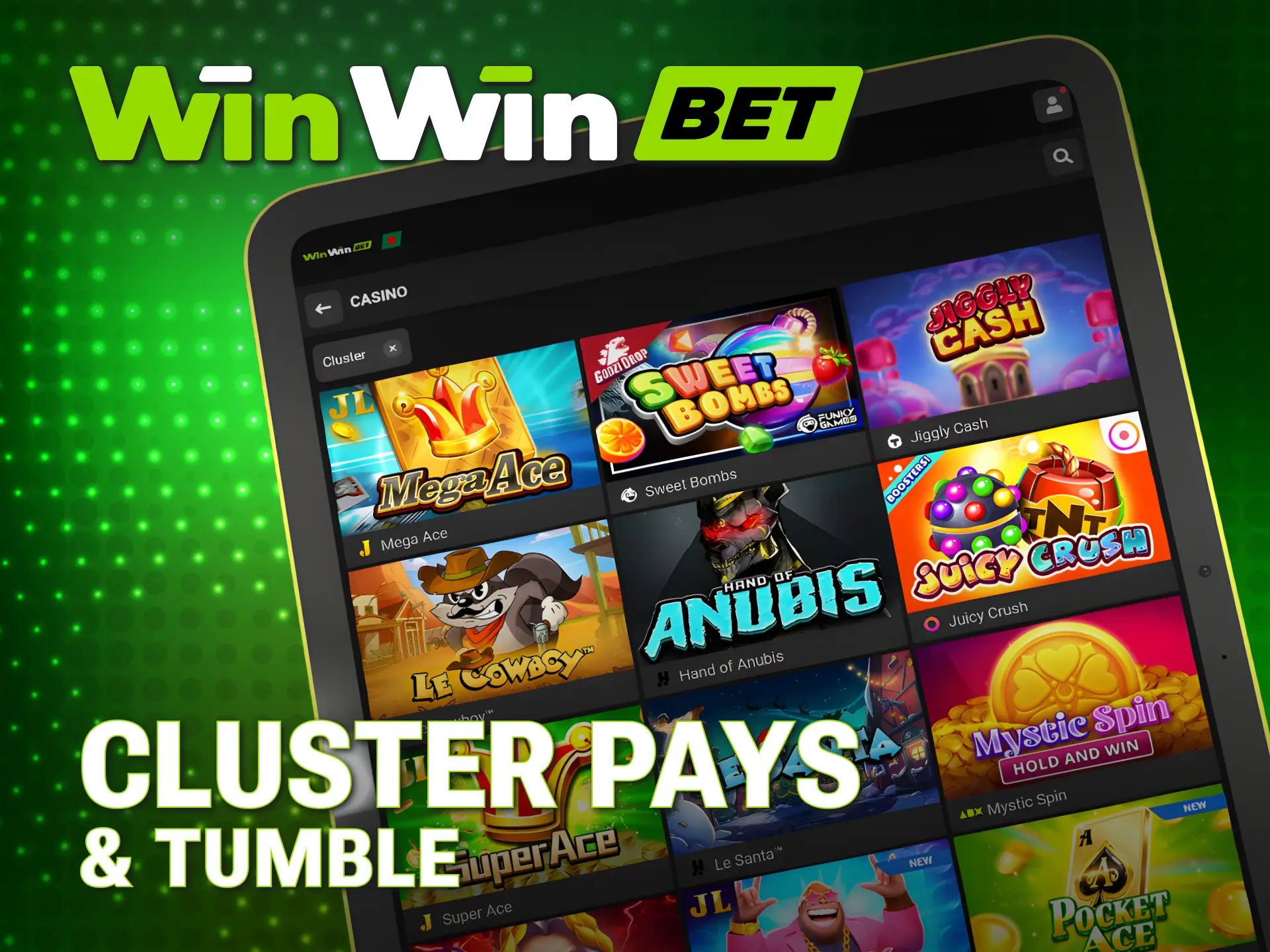 Experience unique mechanics in WinWin Slots with cluster pays and tumbles.