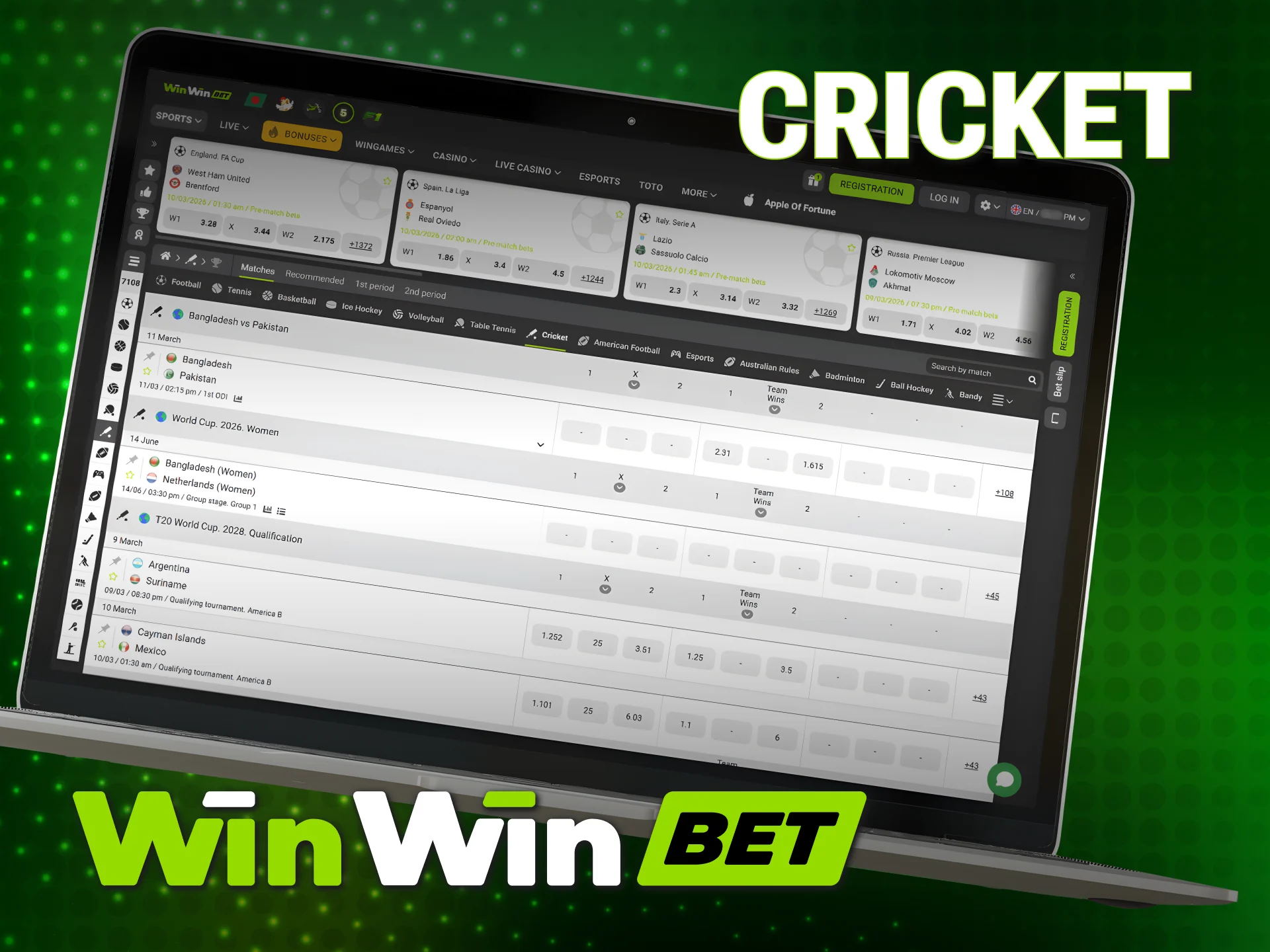 Bet on major cricket matches using the WinWin Sports platform.