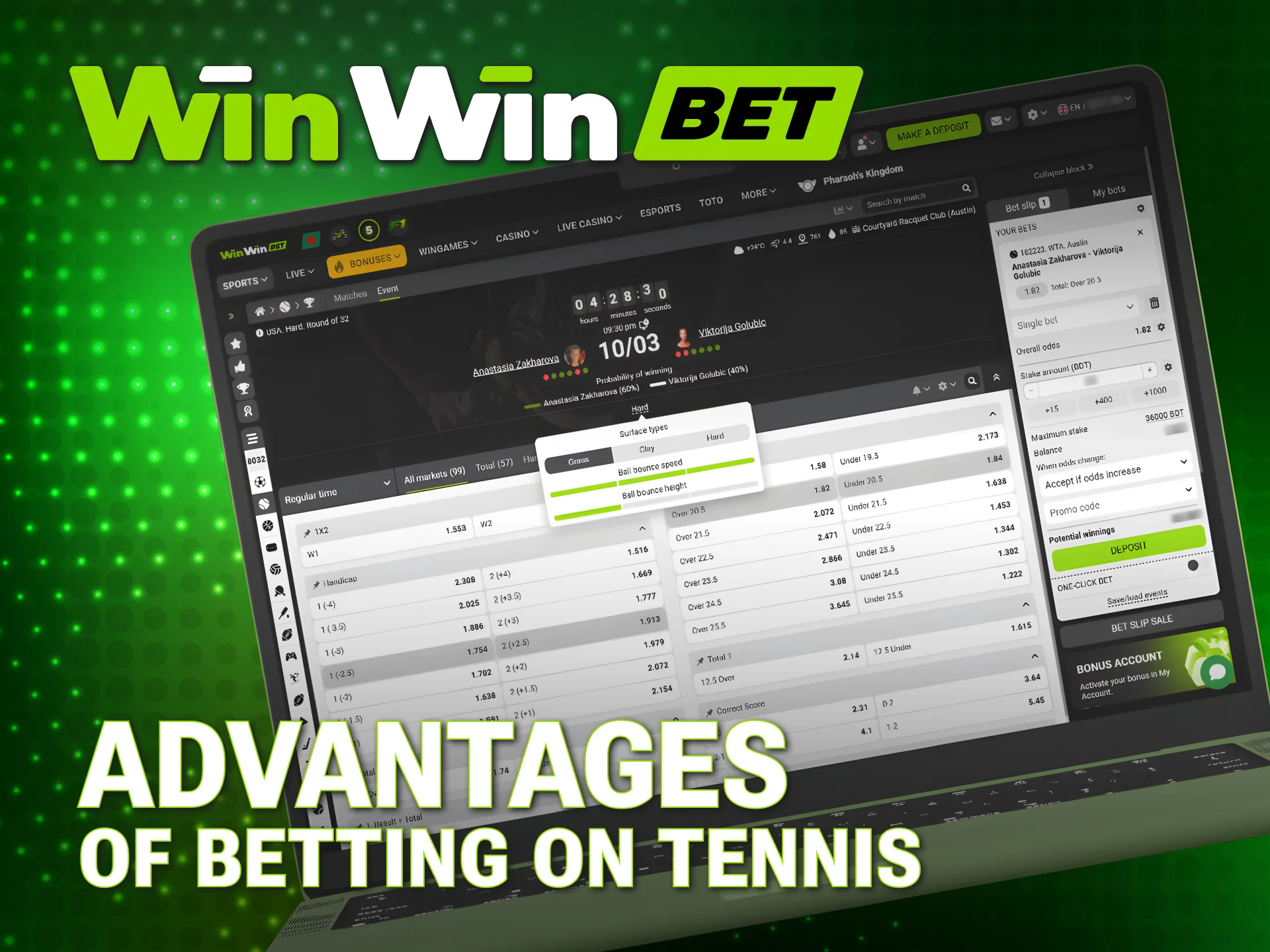 Experience premium features when betting on WinWin Tennis in Bangladesh.