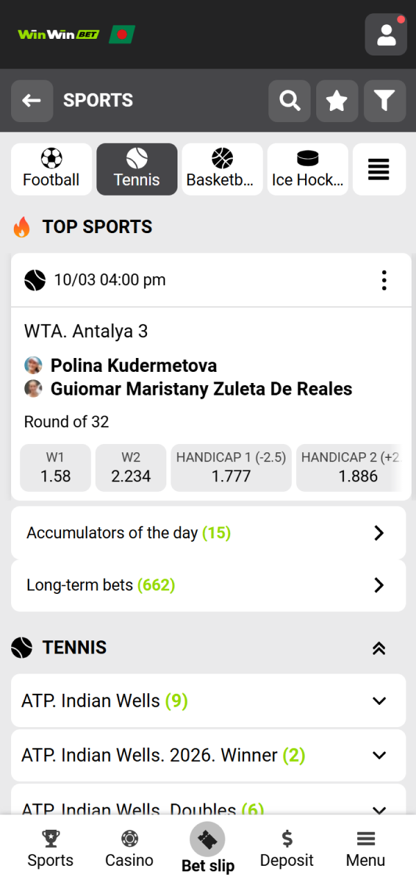 Choose a WinWin Tennis competition to view all betting options.