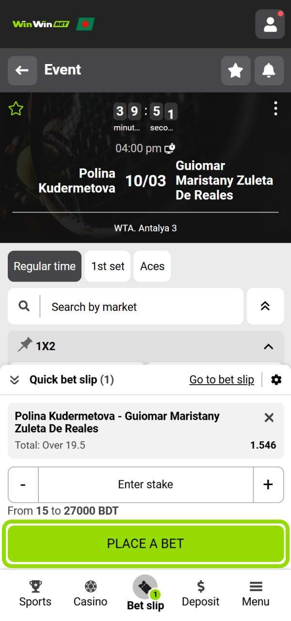 Check your WinWin Tennis odds and submit your final wager.